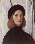 Lorenzo Lotto Portrat of a young man before a woman curtain oil painting on canvas